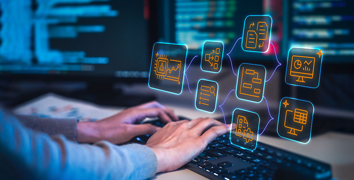 man looking at business framework digital screen